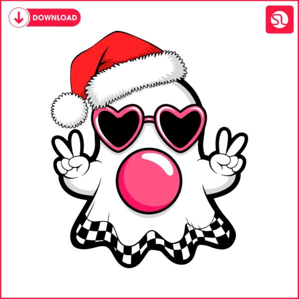 retro-cute-checkered-ghost-blowing-bubbles-christmas-santa-hat-svg