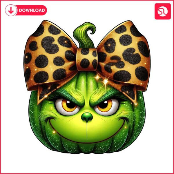 pumpkin-grinch-head-glitter-leopard-coquette-bow-png