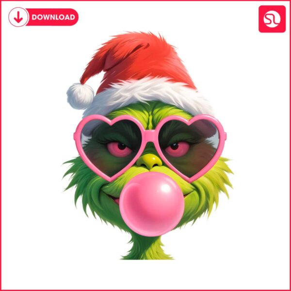 pink-christmas-grinch-blowing-bubble-heart-sunglasses-png-sublimation