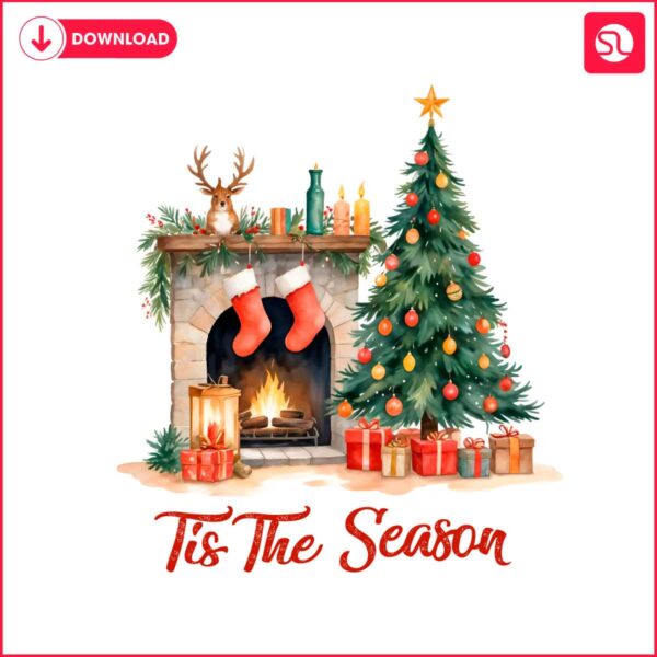 retro-tis-the-season-christmas-fireplace-with-tree-svg